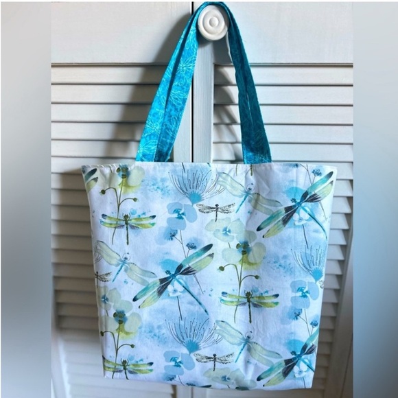 Handmade Dragonfly Print Tote Bag Colorful All Purpose Market Shoulder Purse - Picture 7 of 8
